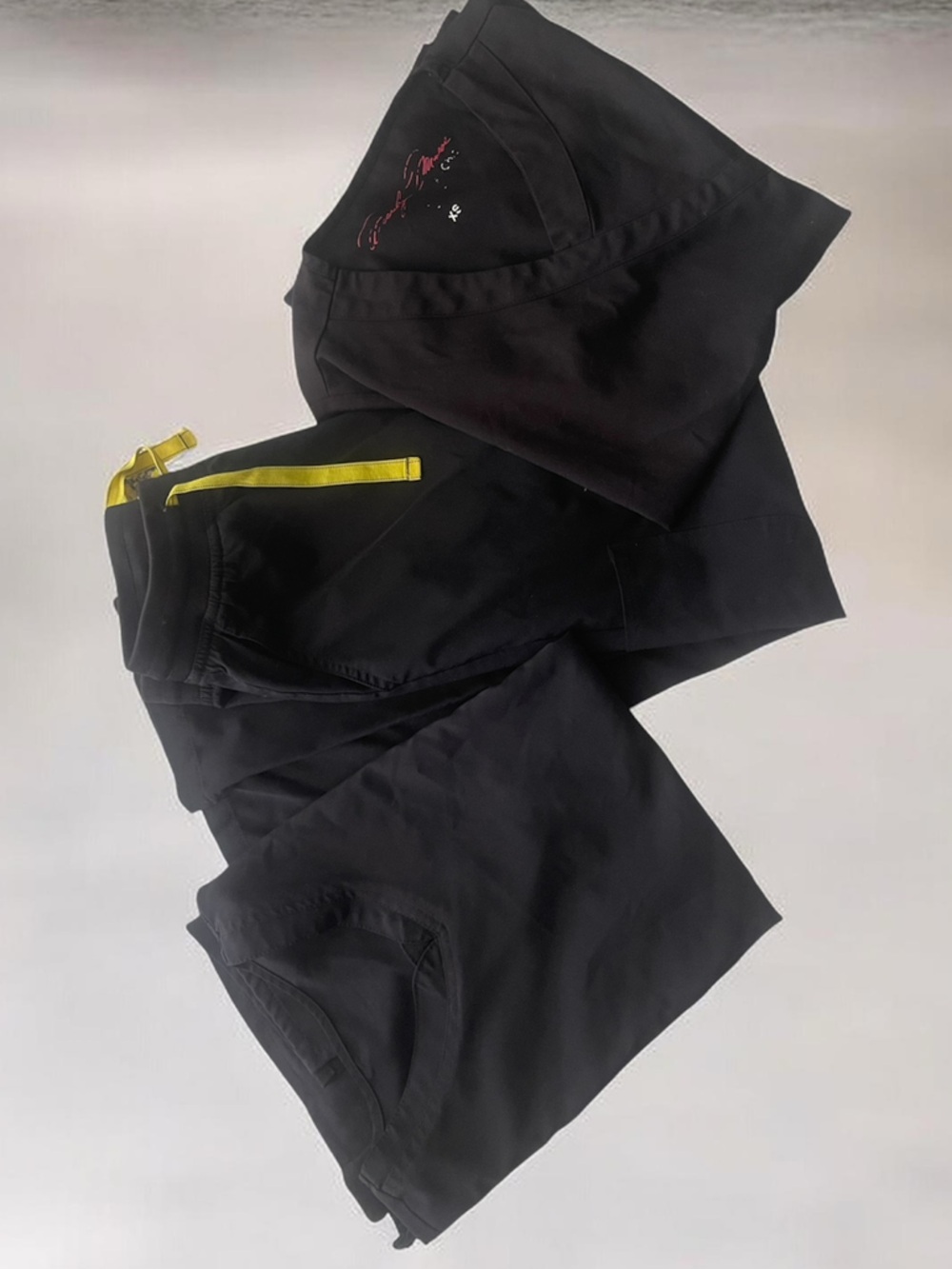3 Black Scrub top and bottom the set of Small and one XS top